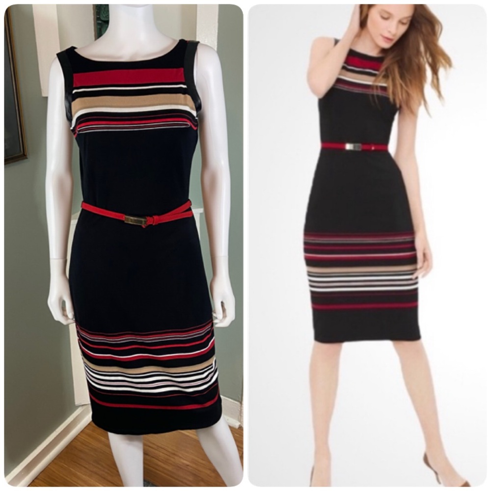 White House Black Market Black Sheath Midi Dress Striped Bodycon Size 4 Belted